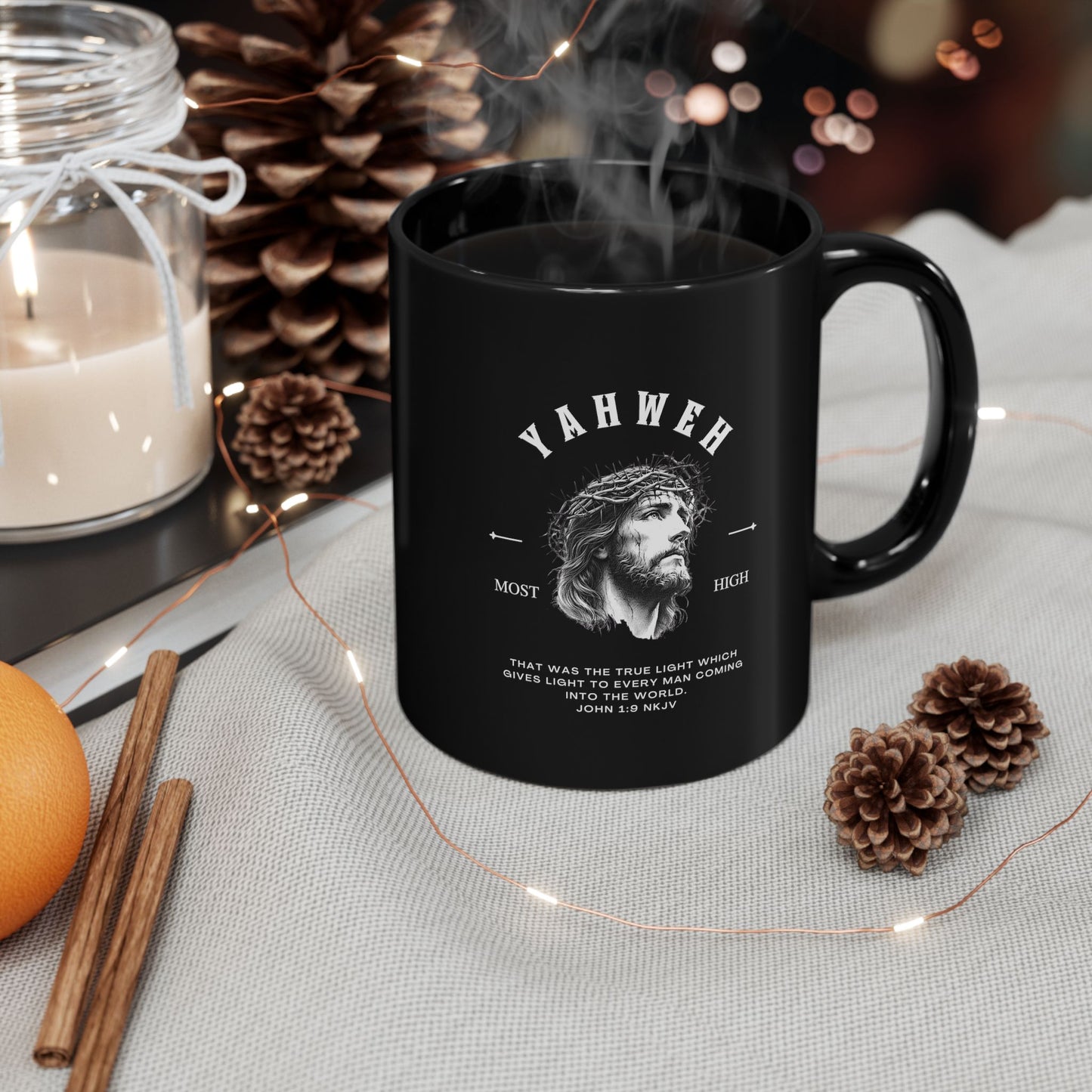 Yahweh Jesus Portrait Black Mug – Inspirational Christian Coffee Cup (11oz/15oz)