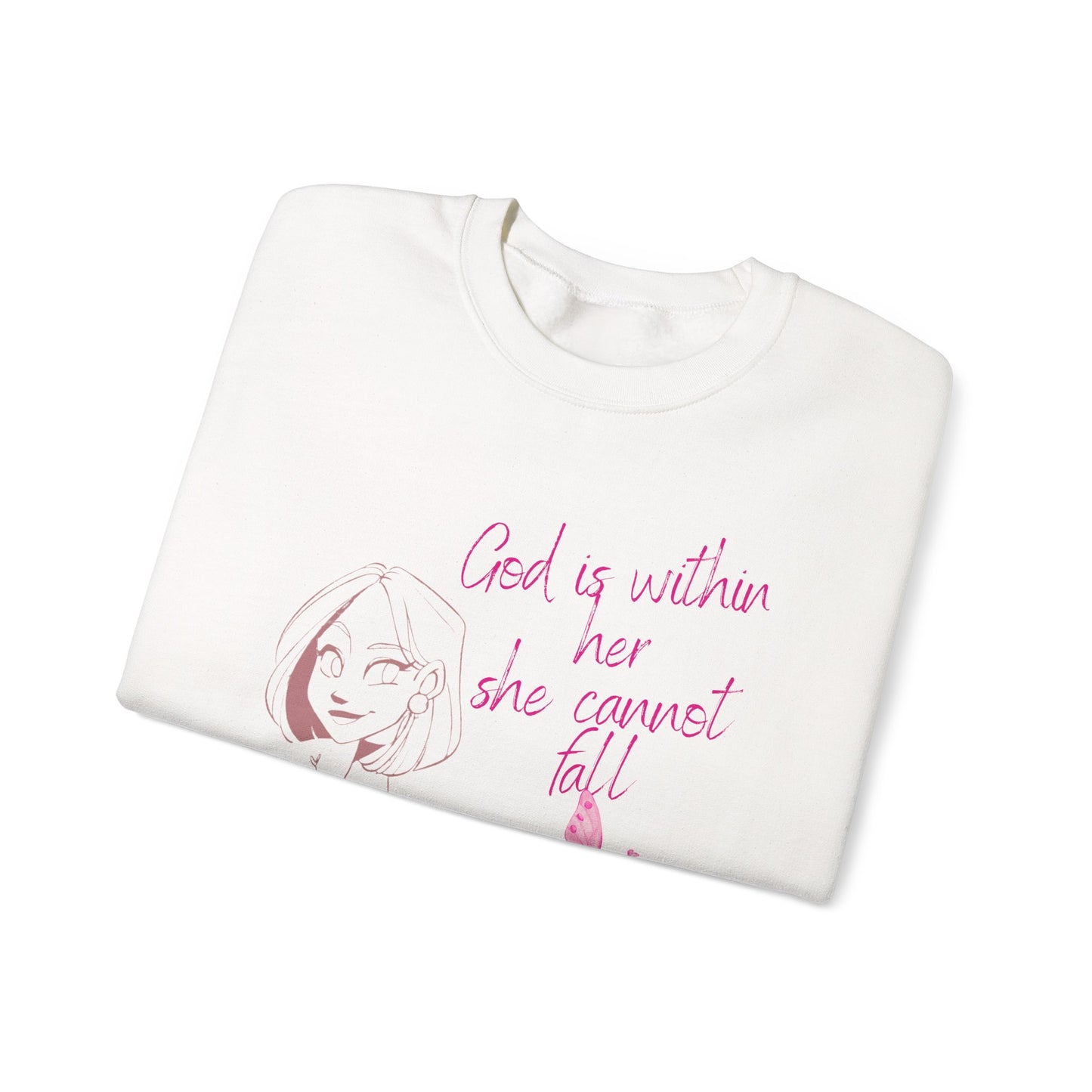 Crewneck Sweatshirt — "God is within her, she cannot fail" Pink Floral Faith Design