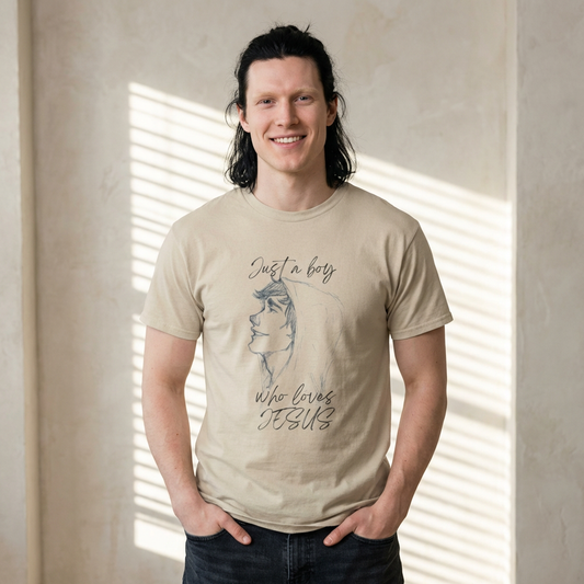 T-Shirt — "Just a Boy Who Loves Jesus" Minimal Sketch Christian Tee