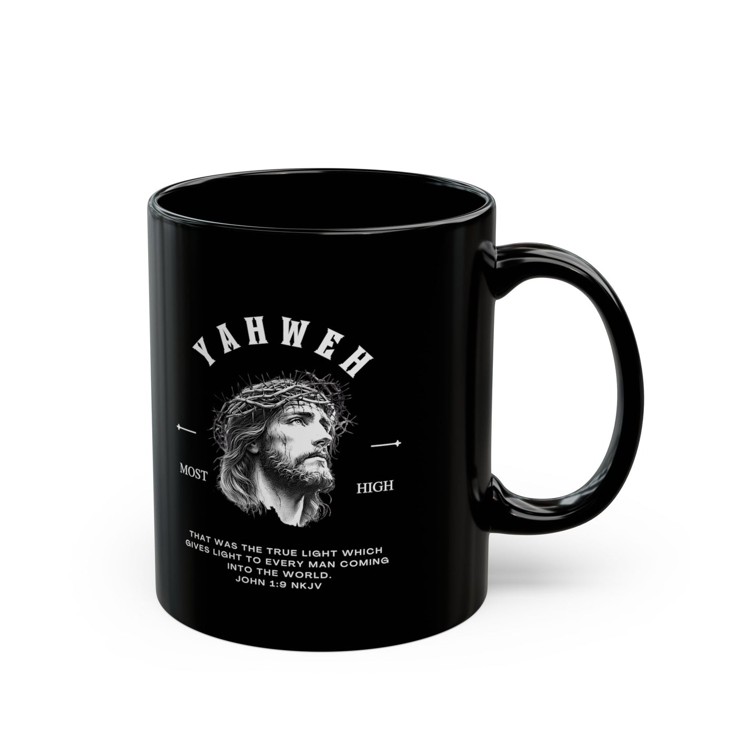 Yahweh Jesus Portrait Black Mug – Inspirational Christian Coffee Cup (11oz/15oz)