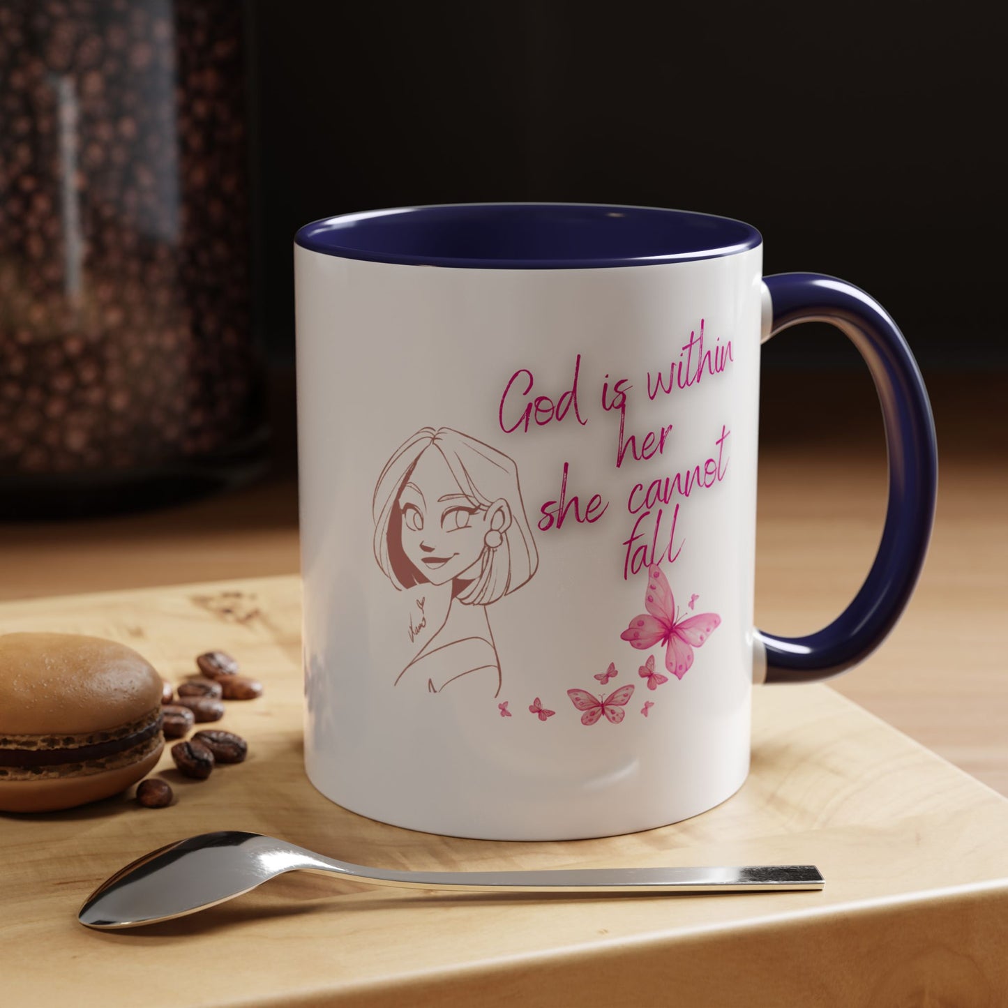 Inspirational Accent Coffee Mug — "God is within her, she cannot fall" (Pink Butterflies)