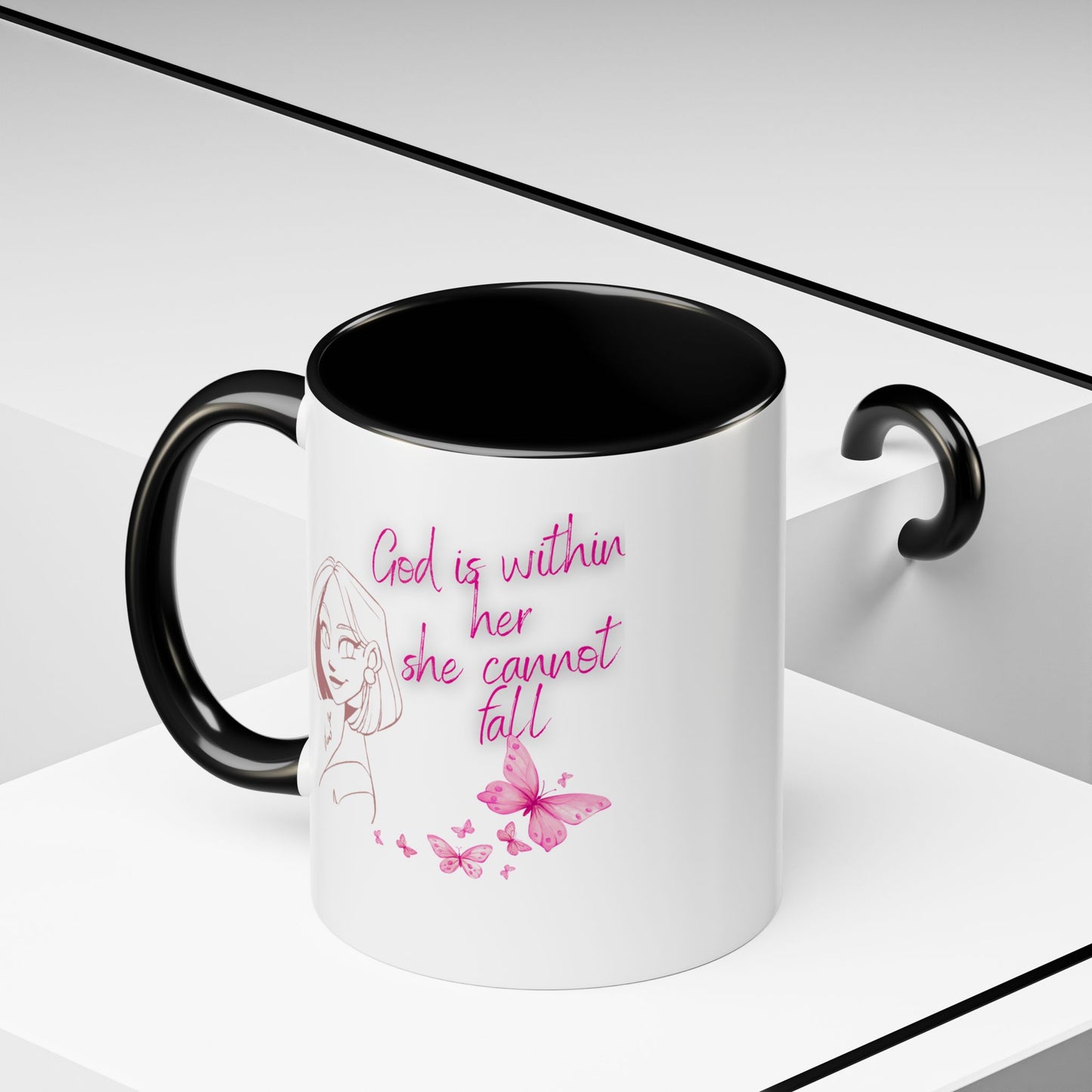 Inspirational Accent Coffee Mug — "God is within her, she cannot fall" (Pink Butterflies)