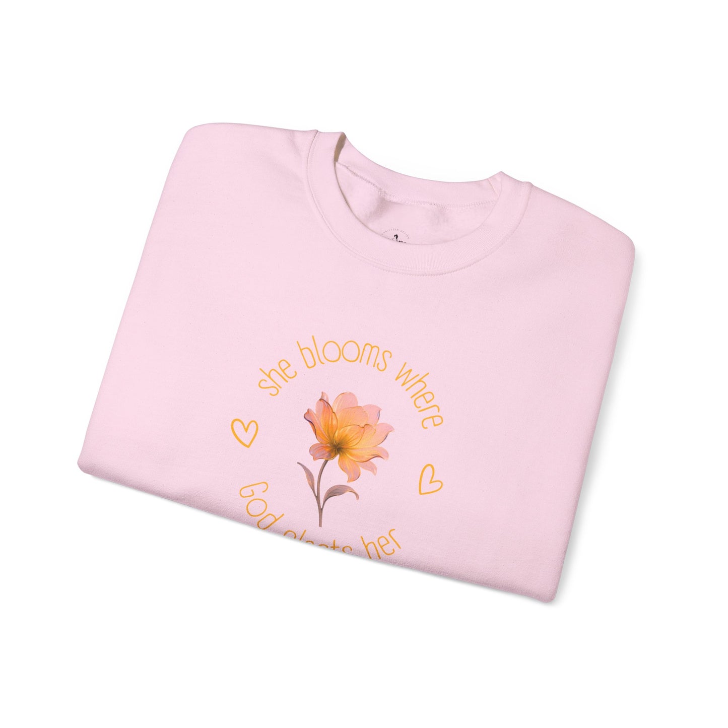Christian Women's Sweatshirt — "She Blooms Where God Plants Her" | Floral Faith Crewneck | Religious Gift for Her