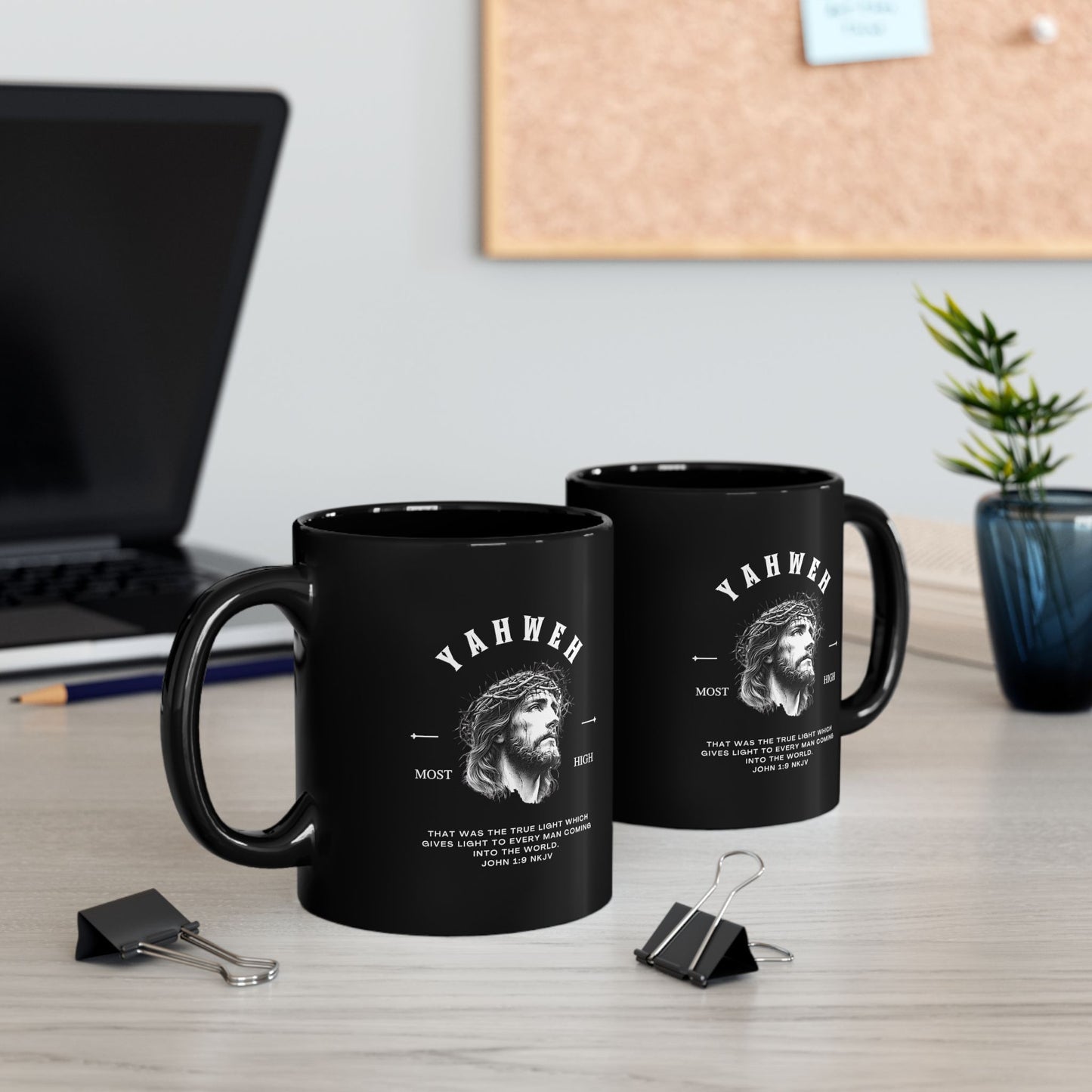 Yahweh Jesus Portrait Black Mug – Inspirational Christian Coffee Cup (11oz/15oz)