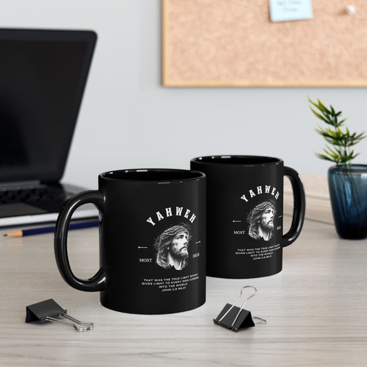 Yahweh Jesus Portrait Black Mug – Inspirational Christian Coffee Cup (11oz/15oz)