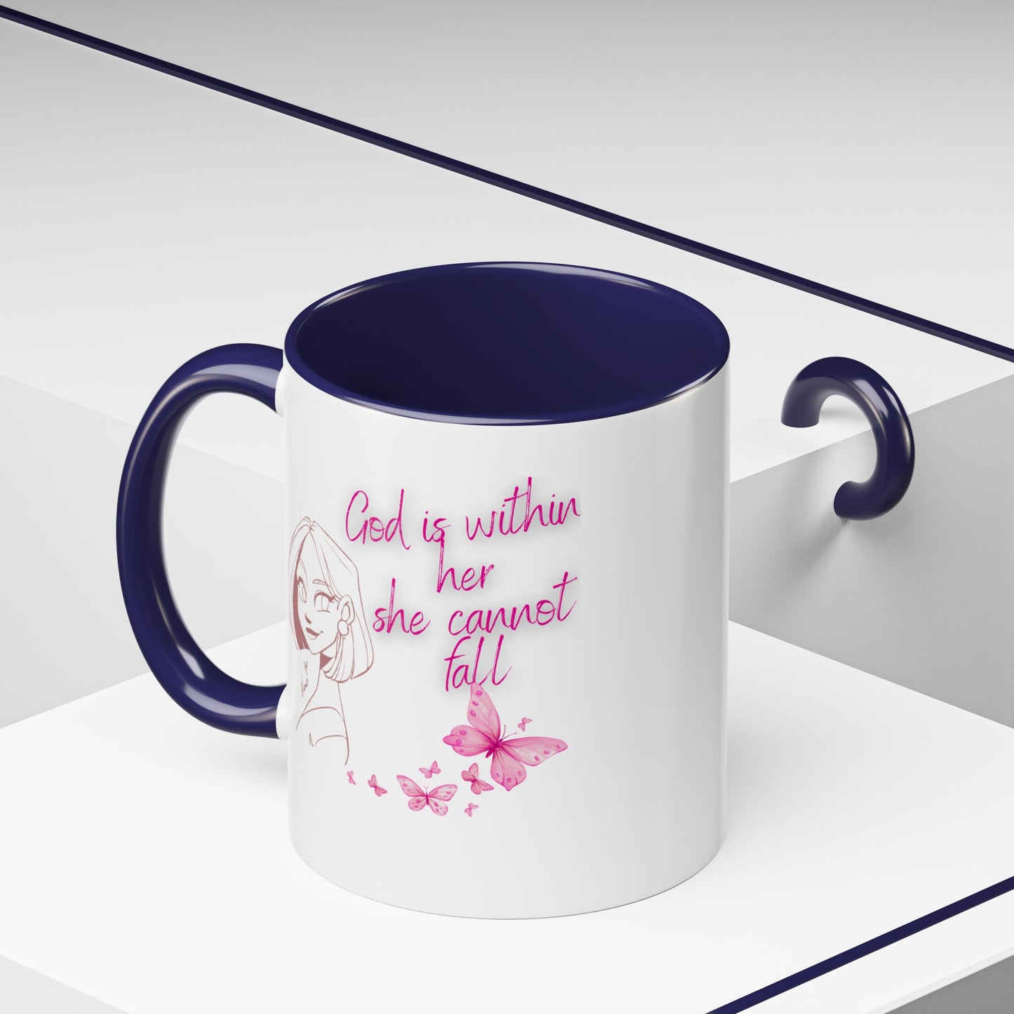 Inspirational Accent Coffee Mug — "God is within her, she cannot fall" (Pink Butterflies)