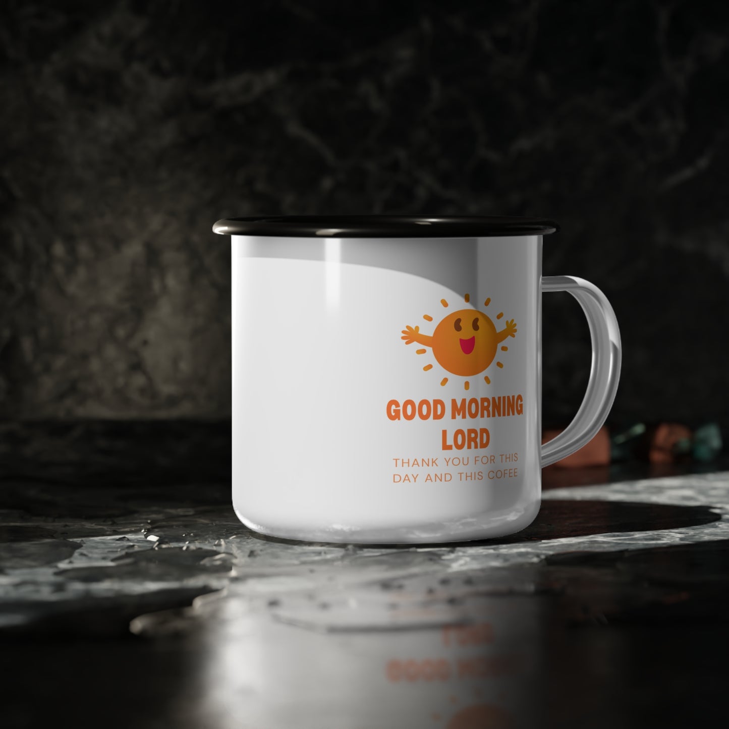 Enamel Camp Cup — "Good Morning Lord" Christian Coffee Mug, Cute Sun Design, Faith & Camping Gift