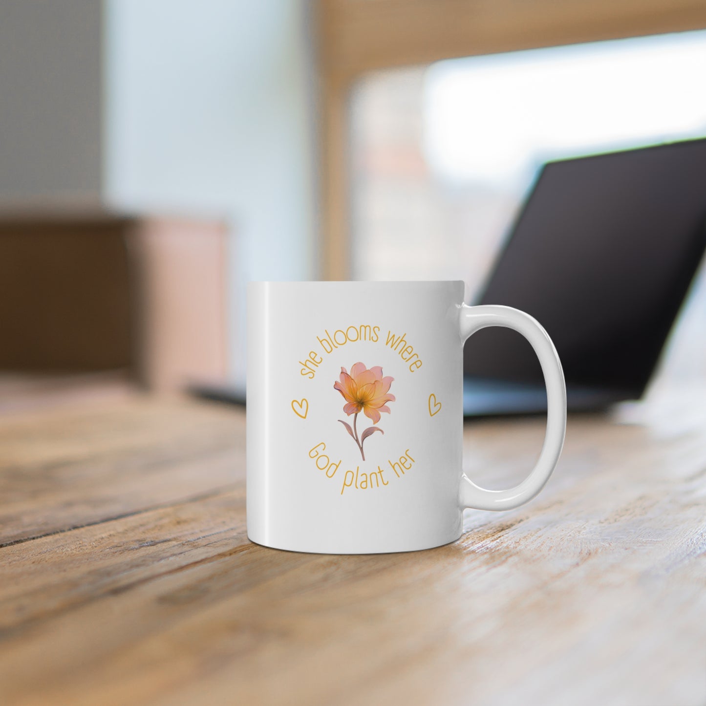 She Blooms Where God Plants Her Ceramic Mug — Inspirational Floral Coffee Cup (11oz, 15oz)