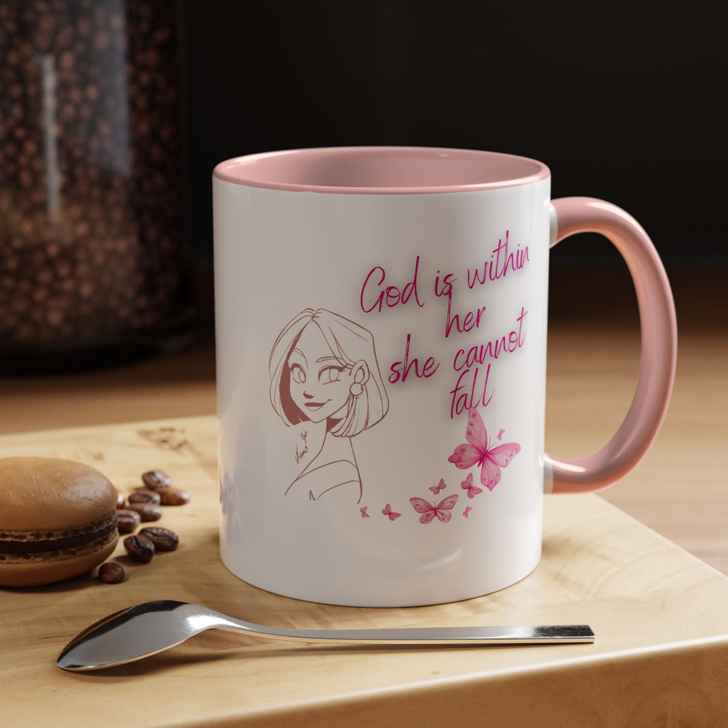 Inspirational Accent Coffee Mug — "God is within her, she cannot fall" (Pink Butterflies)