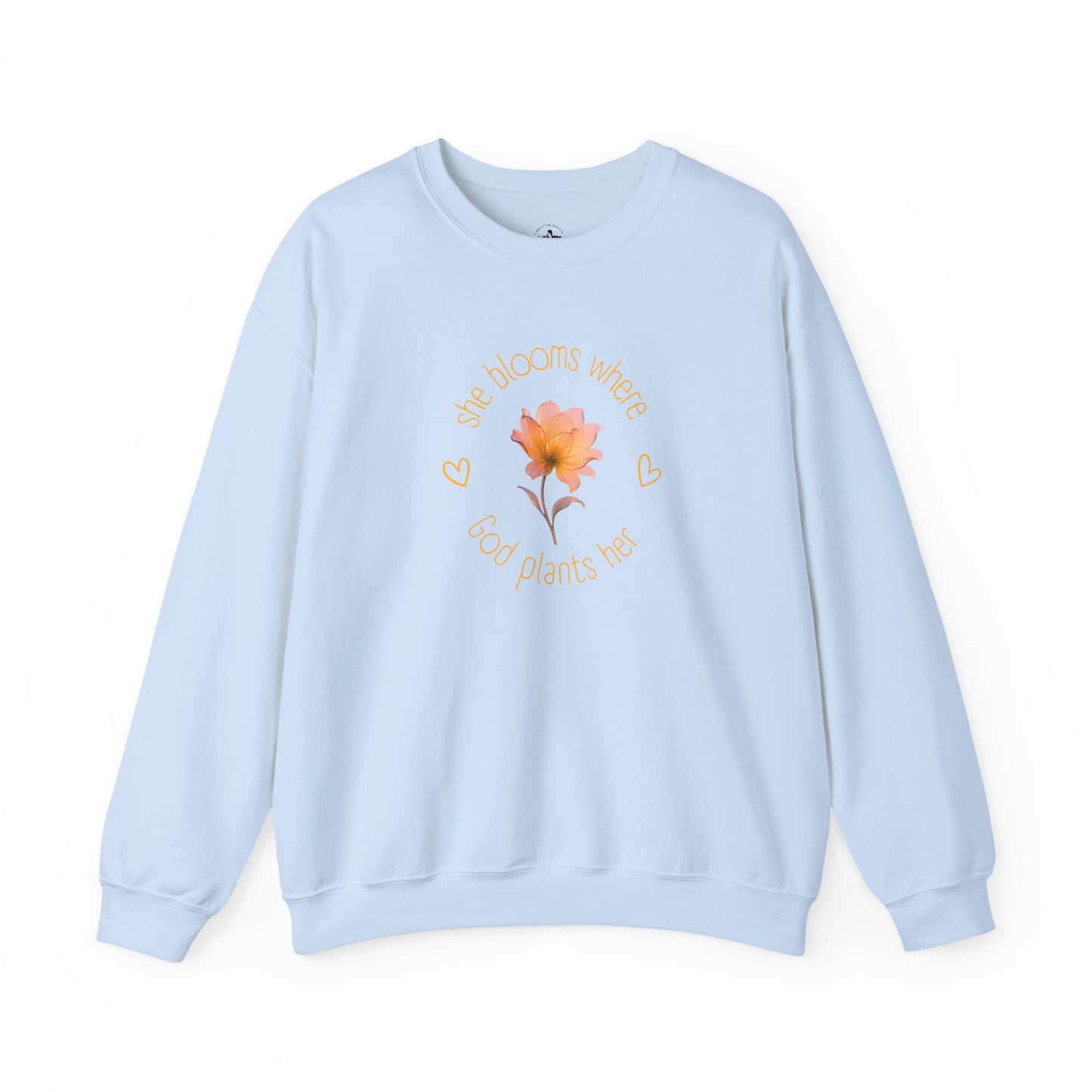 Christian Women's Sweatshirt — "She Blooms Where God Plants Her" | Floral Faith Crewneck | Religious Gift for Her
