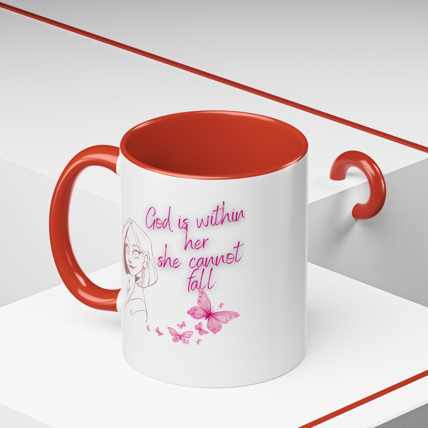 Inspirational Accent Coffee Mug — "God is within her, she cannot fall" (Pink Butterflies)