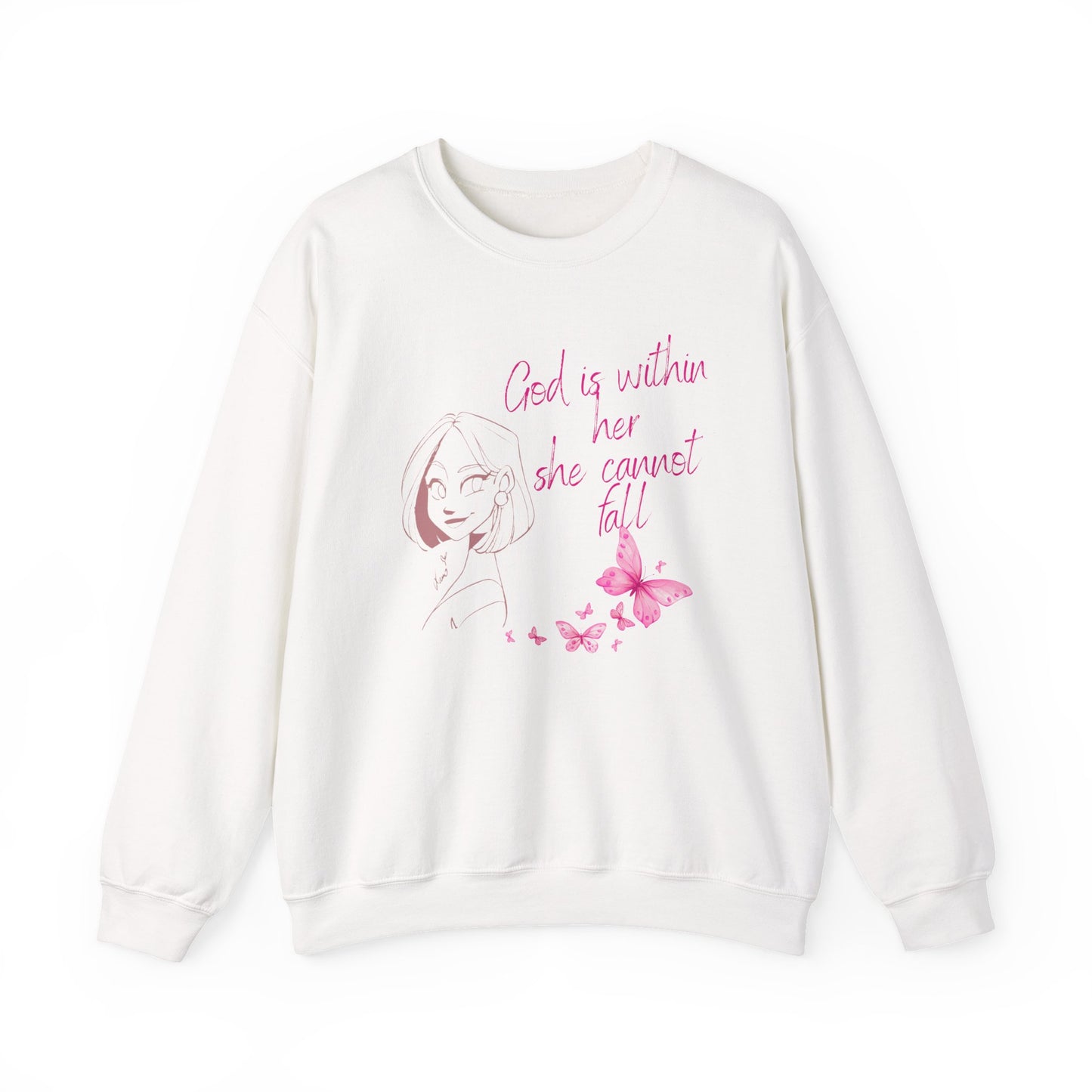 Crewneck Sweatshirt — "God is within her, she cannot fail" Pink Floral Faith Design