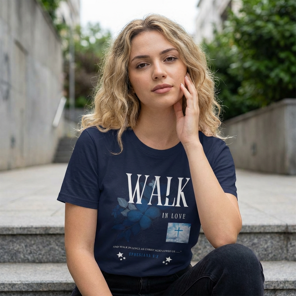 Walk in Love T-Shirt — Faith-Based Christian Tee with Cross & Floral Design