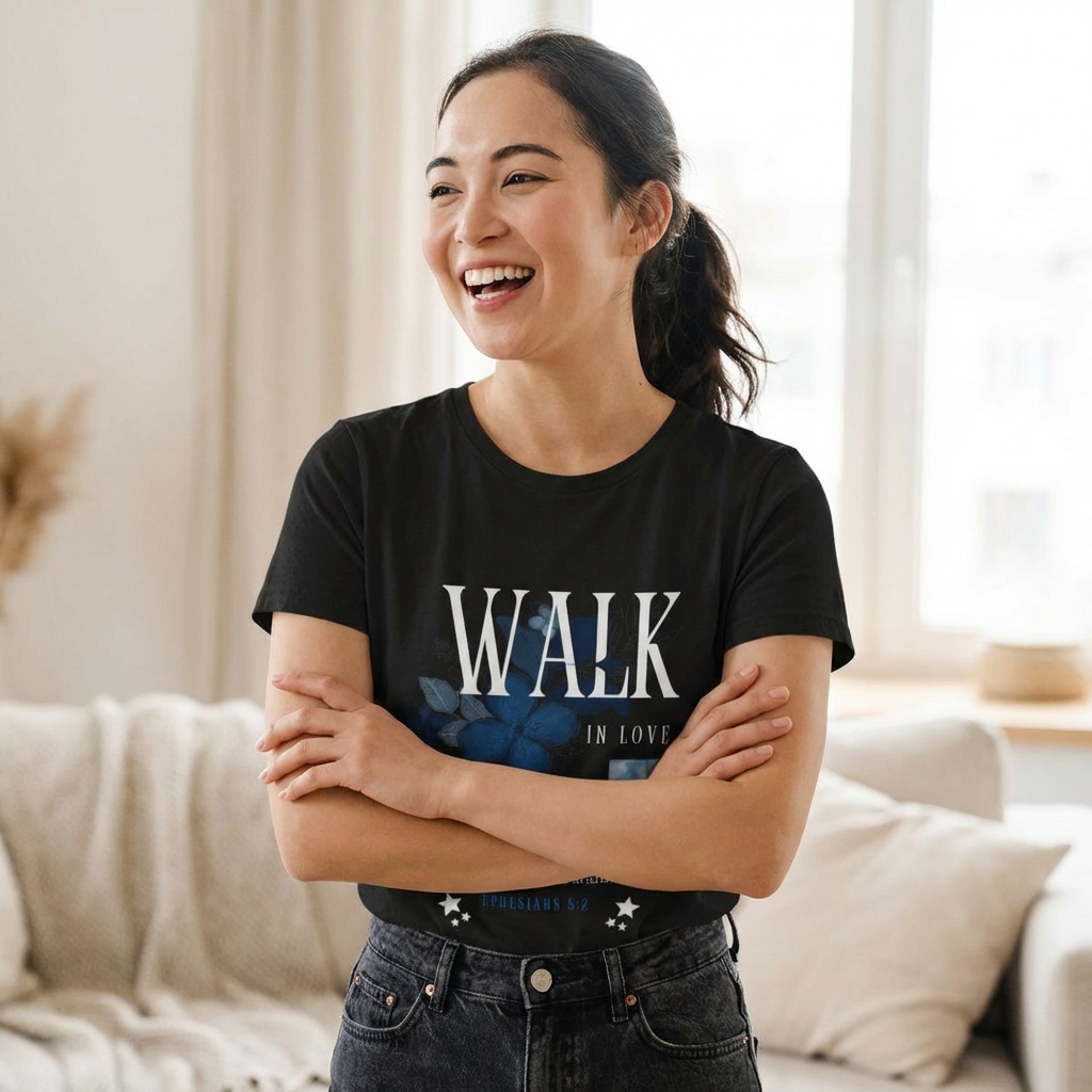 Walk in Love T-Shirt — Faith-Based Christian Tee with Cross & Floral Design