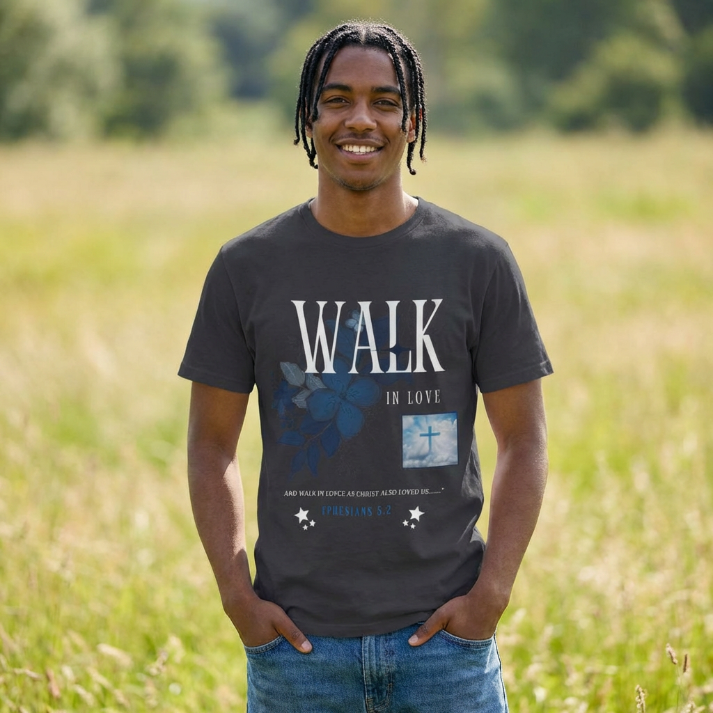 Walk in Love T-Shirt — Faith-Based Christian Tee with Cross & Floral Design