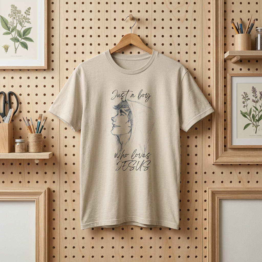T-Shirt — "Just a Boy Who Loves Jesus" Minimal Sketch Christian Tee