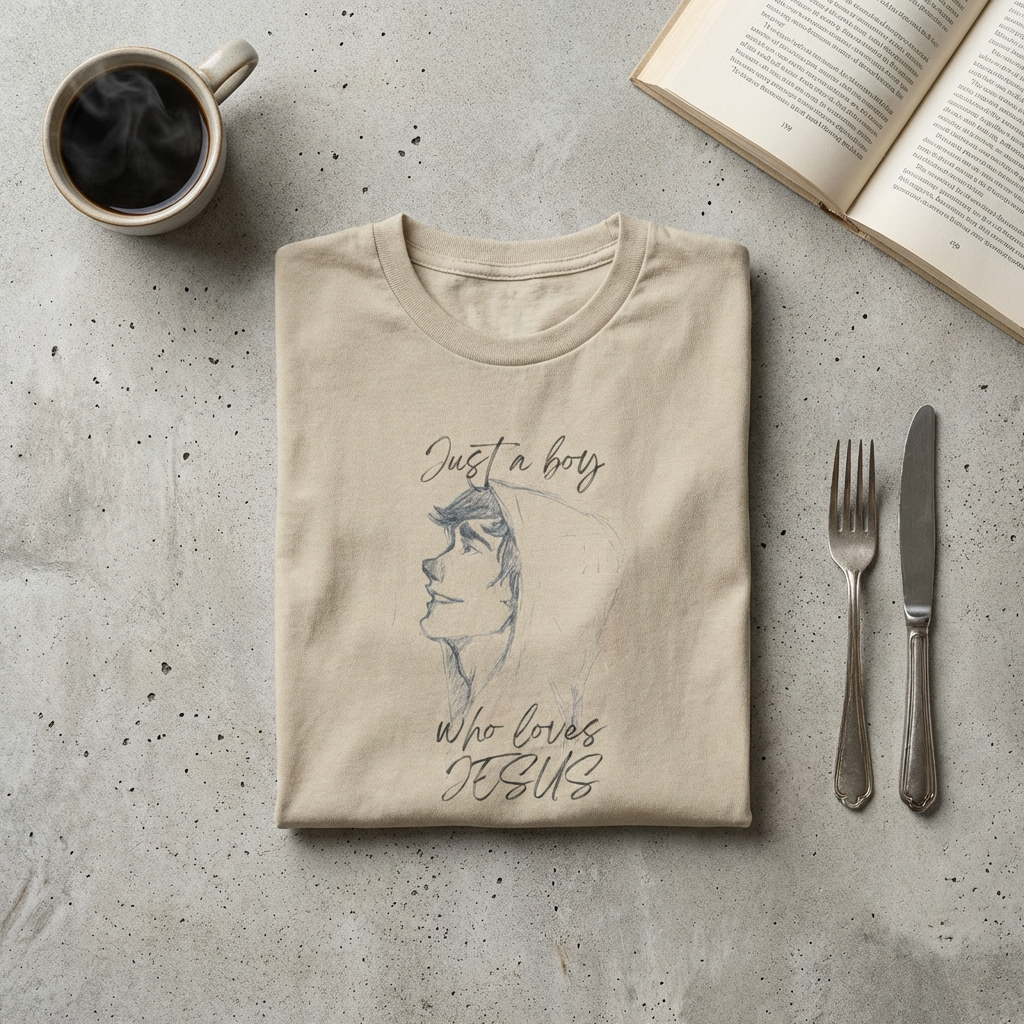 T-Shirt — "Just a Boy Who Loves Jesus" Minimal Sketch Christian Tee