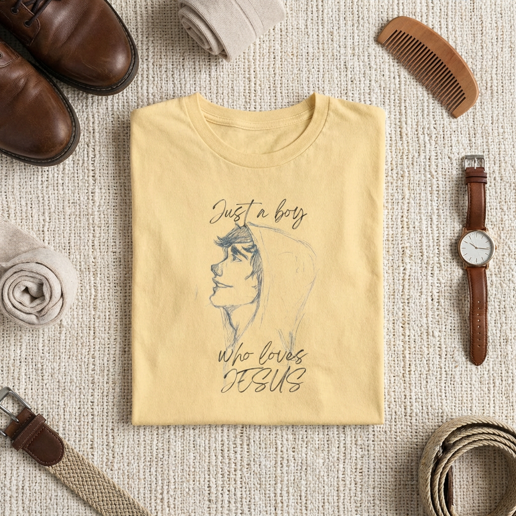 T-Shirt — "Just a Boy Who Loves Jesus" Minimal Sketch Christian Tee