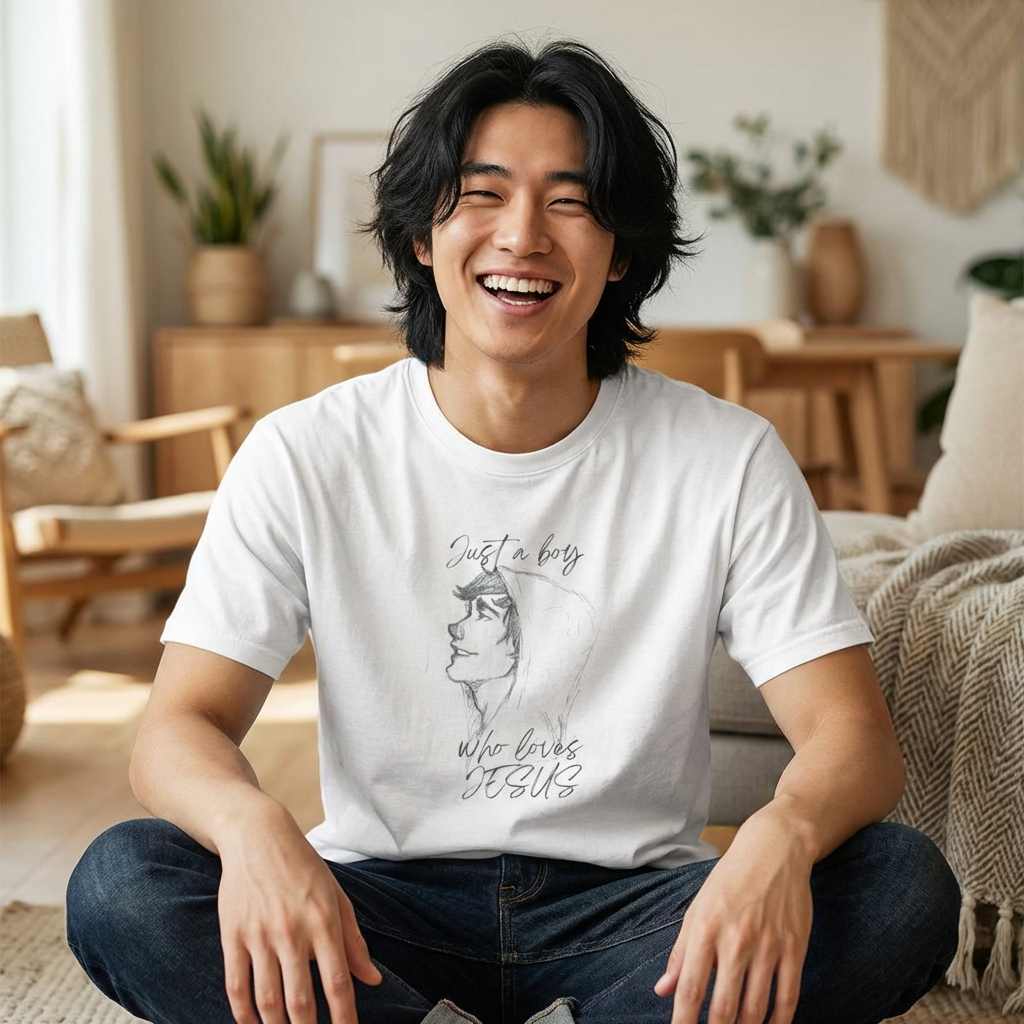 T-Shirt — "Just a Boy Who Loves Jesus" Minimal Sketch Christian Tee