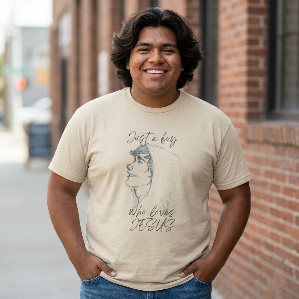 T-Shirt — "Just a Boy Who Loves Jesus" Minimal Sketch Christian Tee