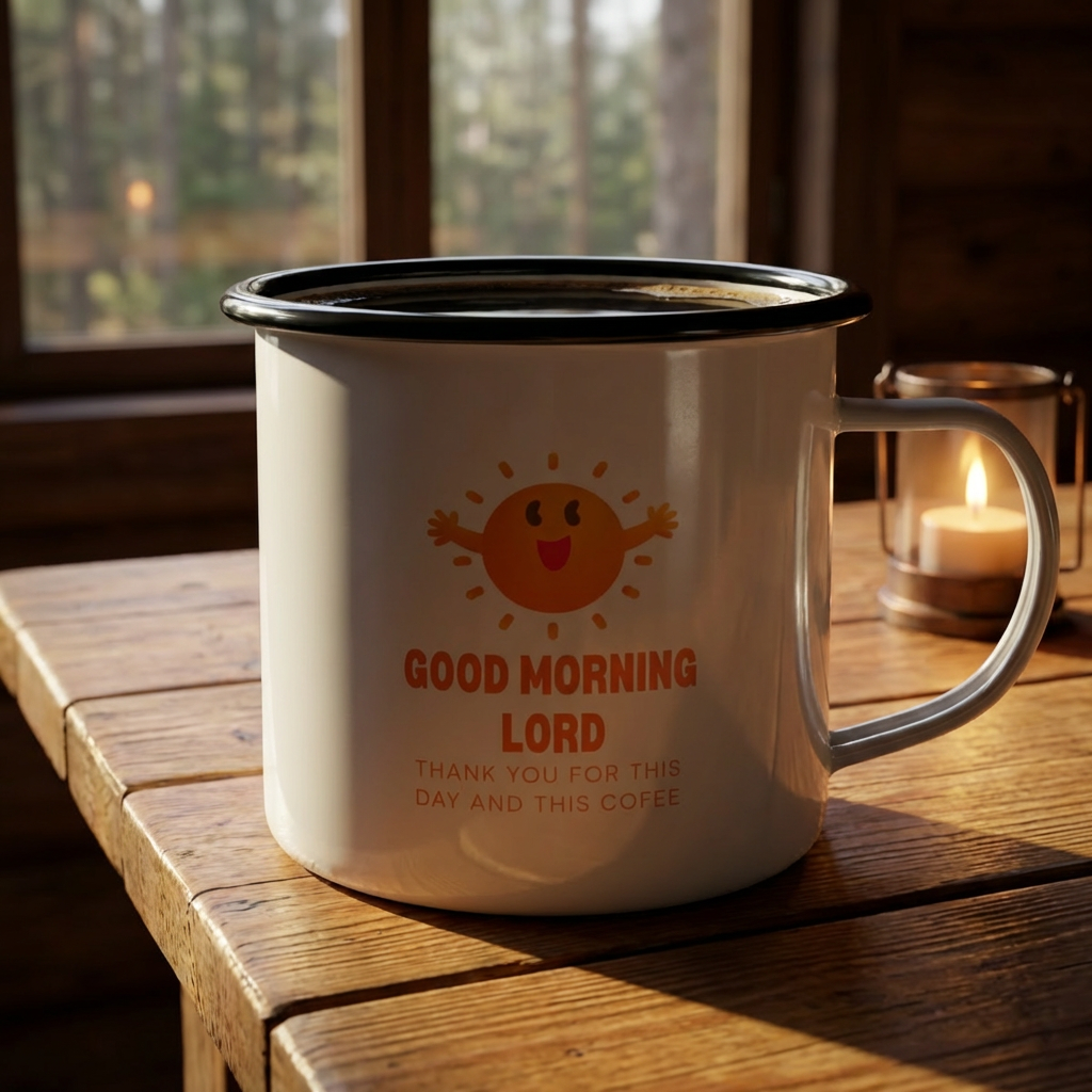 Enamel Camp Cup — "Good Morning Lord" Christian Coffee Mug, Cute Sun Design, Faith & Camping Gift