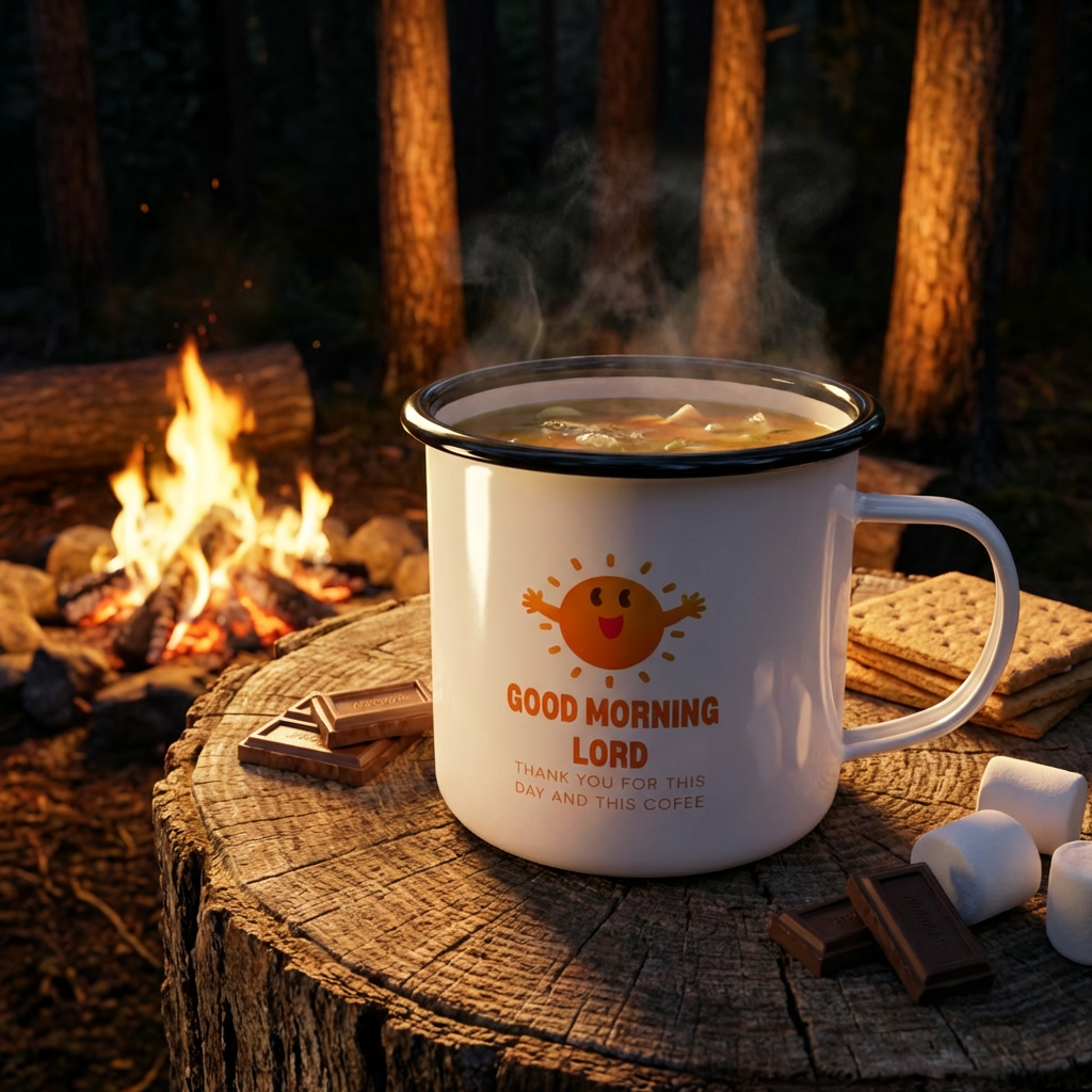 Enamel Camp Cup — "Good Morning Lord" Christian Coffee Mug, Cute Sun Design, Faith & Camping Gift