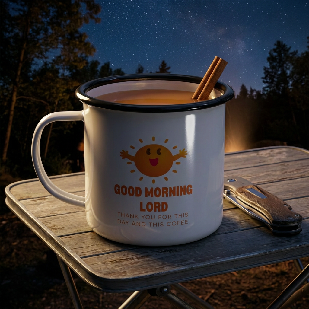 Enamel Camp Cup — "Good Morning Lord" Christian Coffee Mug, Cute Sun Design, Faith & Camping Gift