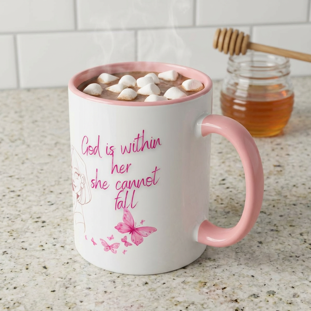Inspirational Accent Coffee Mug — "God is within her, she cannot fall" (Pink Butterflies)