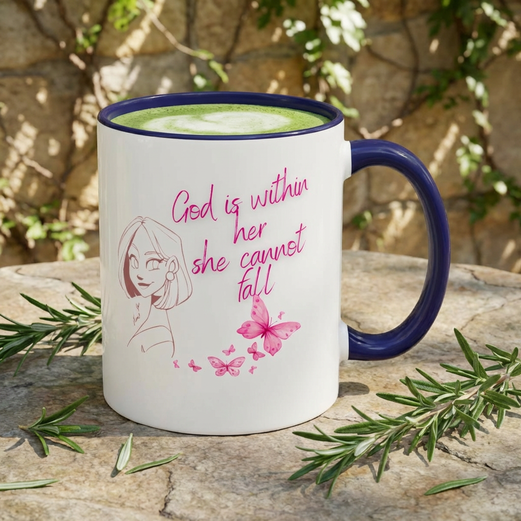 Inspirational Accent Coffee Mug — "God is within her, she cannot fall" (Pink Butterflies)