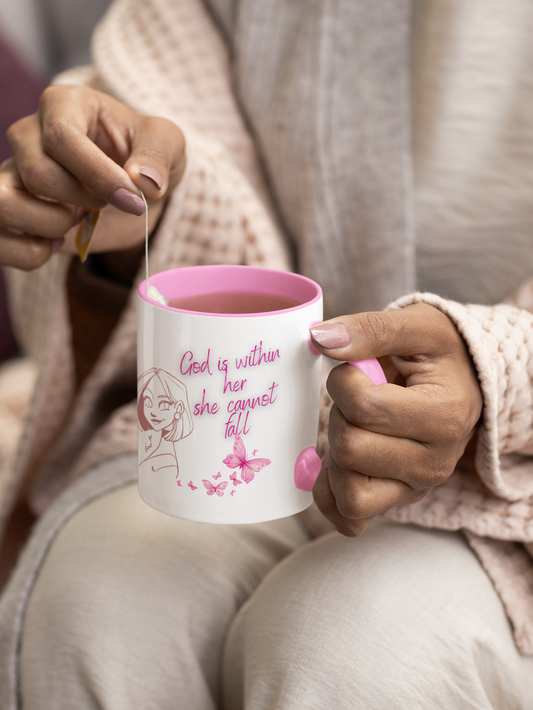 Inspirational Accent Coffee Mug — "God is within her, she cannot fall" (Pink Butterflies)