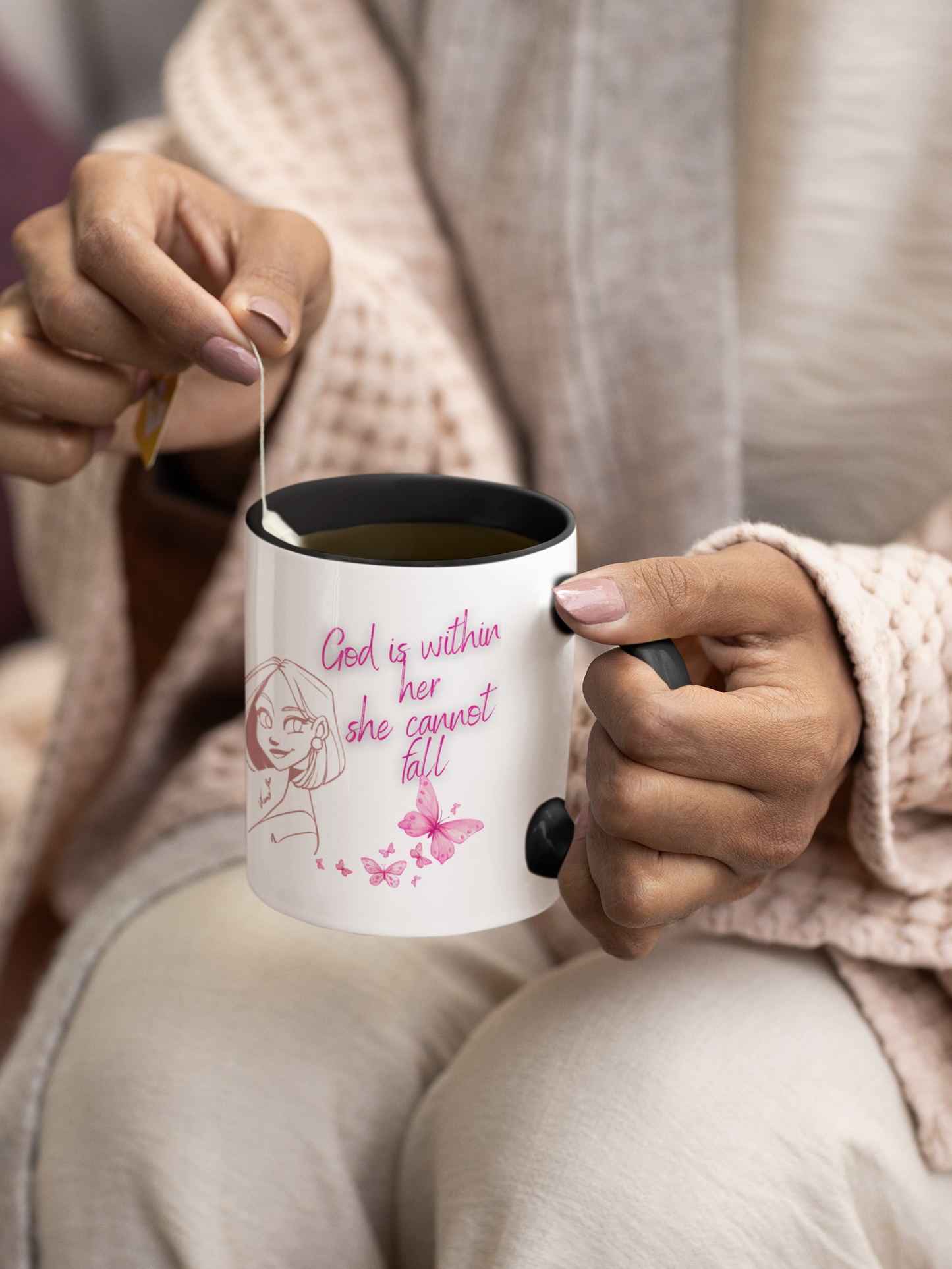 Inspirational Accent Coffee Mug — "God is within her, she cannot fall" (Pink Butterflies)