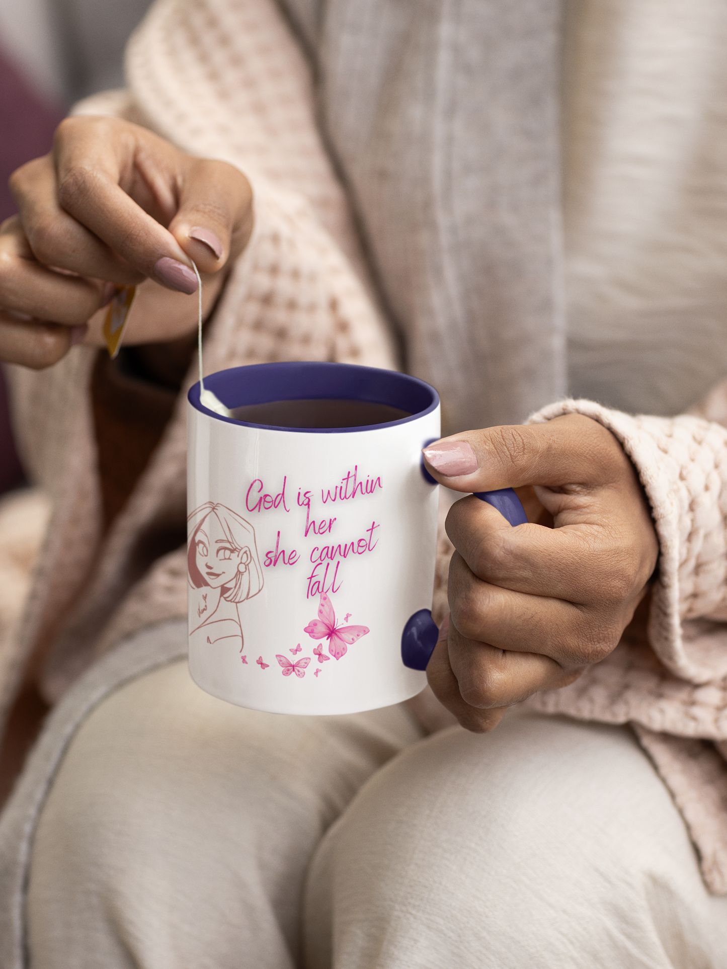 Inspirational Accent Coffee Mug — "God is within her, she cannot fall" (Pink Butterflies)