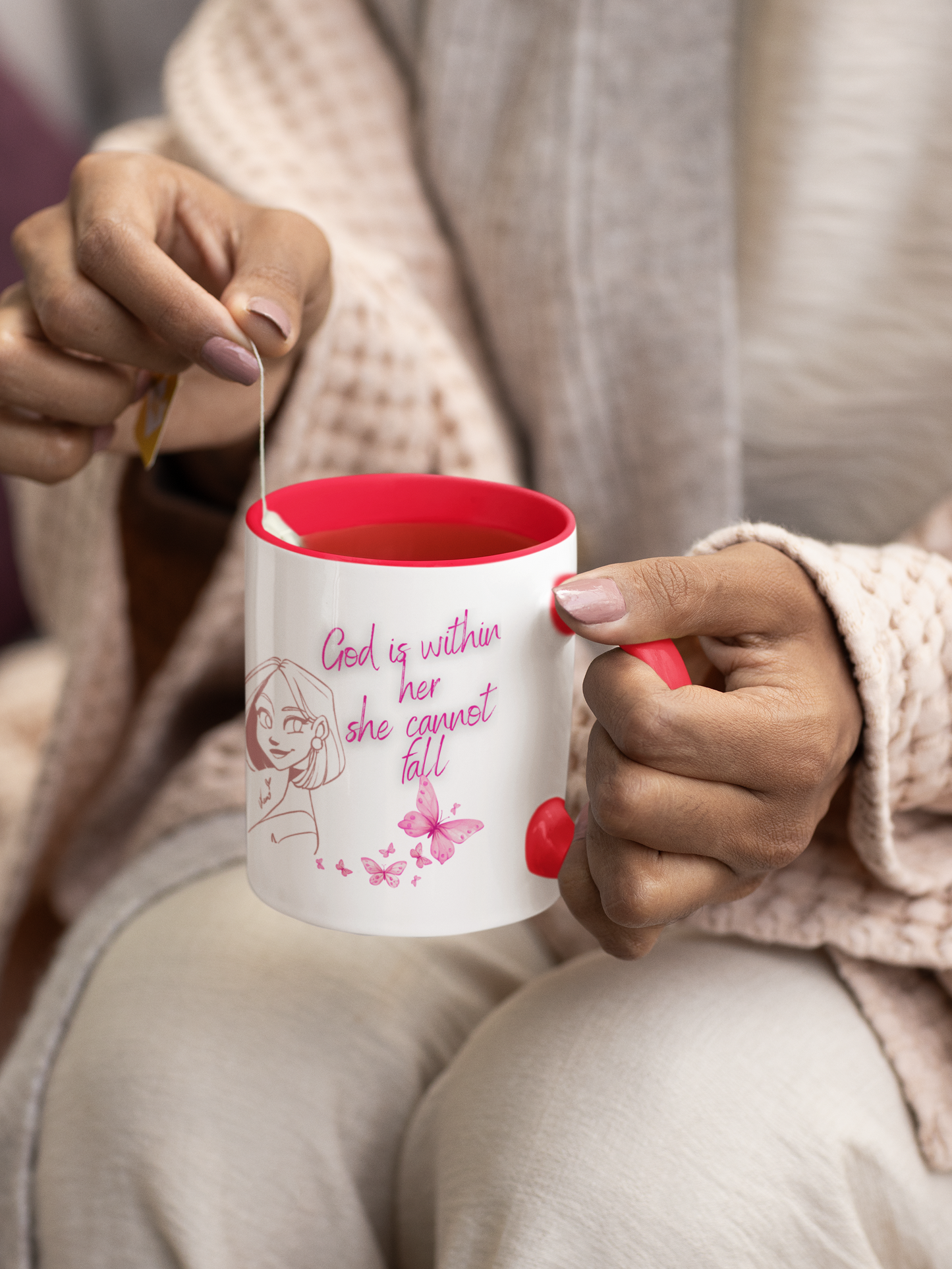 Inspirational Accent Coffee Mug — "God is within her, she cannot fall" (Pink Butterflies)