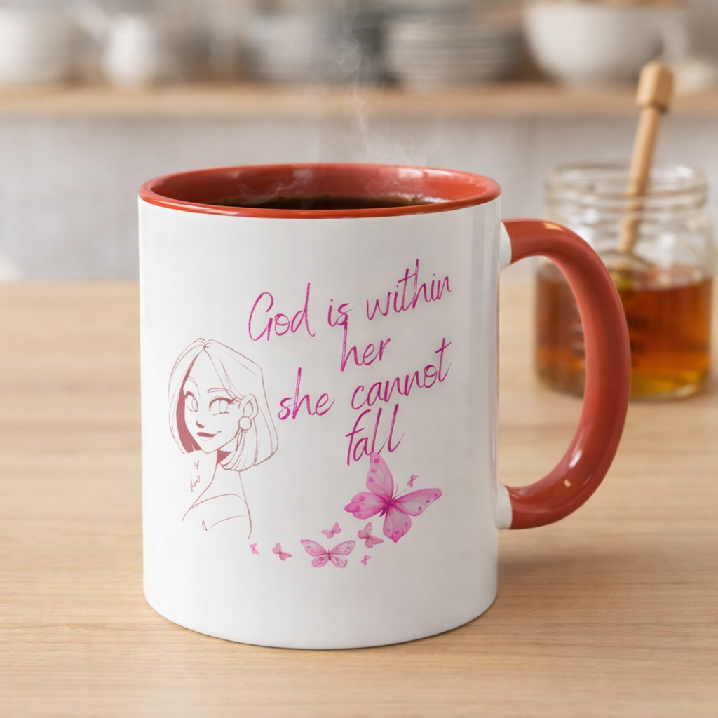 Inspirational Accent Coffee Mug — "God is within her, she cannot fall" (Pink Butterflies)
