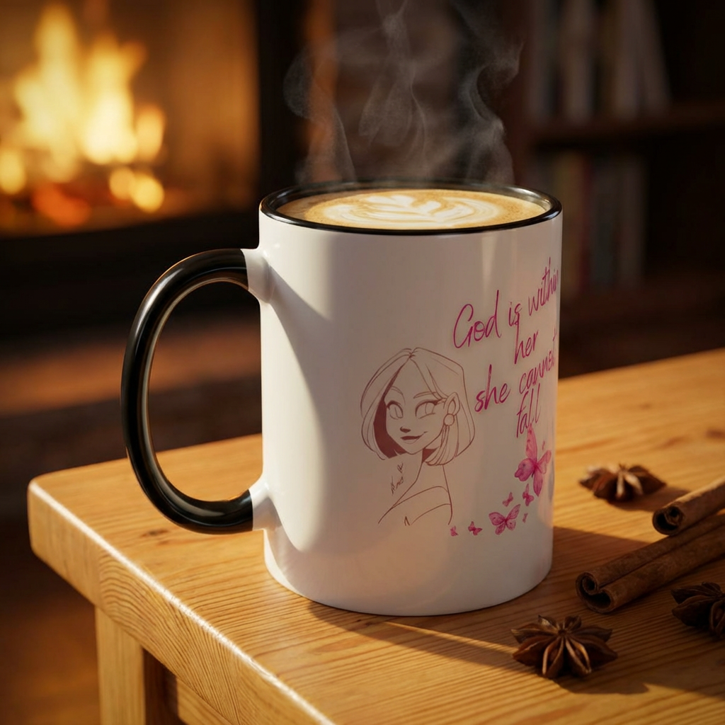 Inspirational Accent Coffee Mug — "God is within her, she cannot fall" (Pink Butterflies)