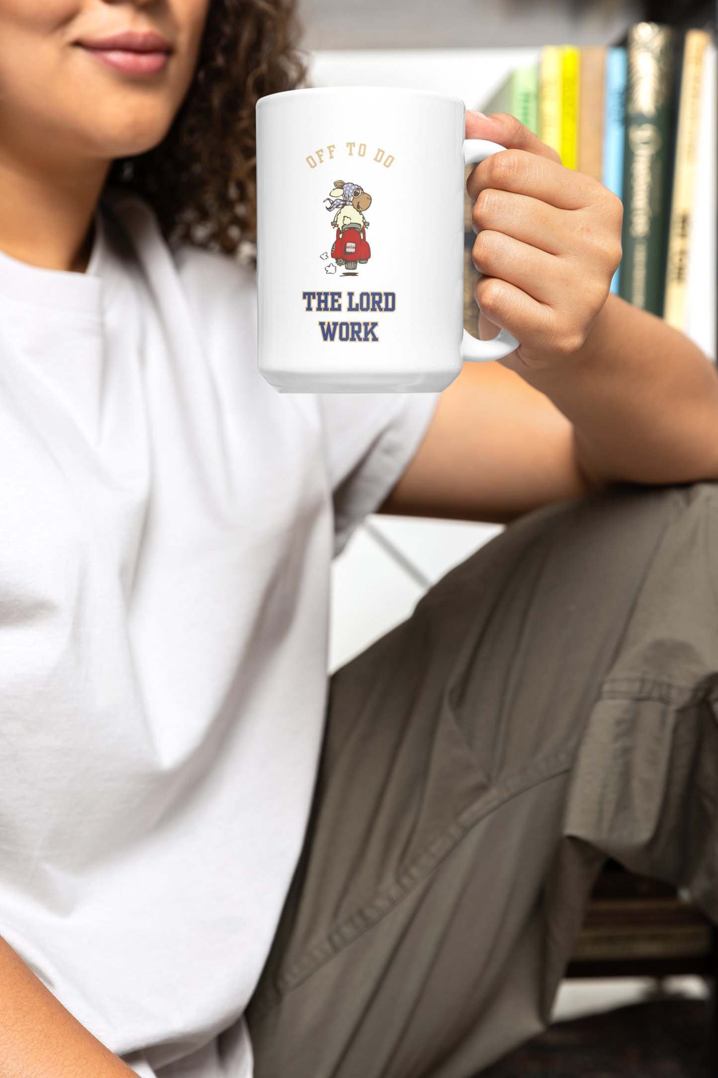 Ceramic Mug - "Off to Do the Lord's Work" Cute Retro Character Faith Coffee Cup (11oz, 15oz)