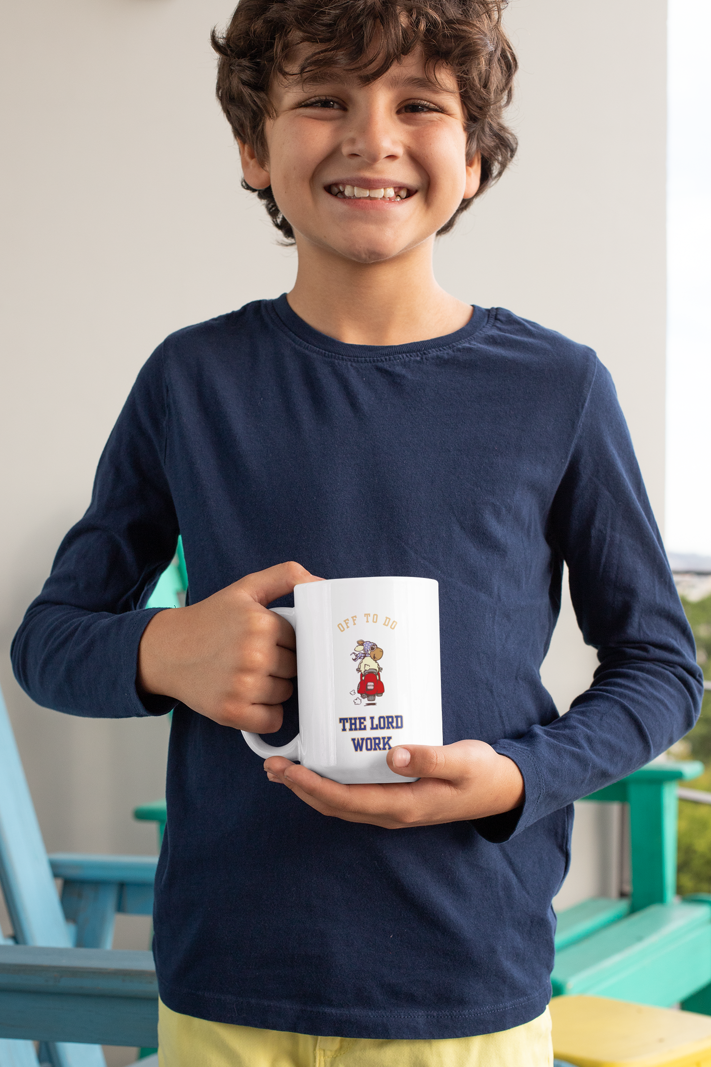 Ceramic Mug - "Off to Do the Lord's Work" Cute Retro Character Faith Coffee Cup (11oz, 15oz)