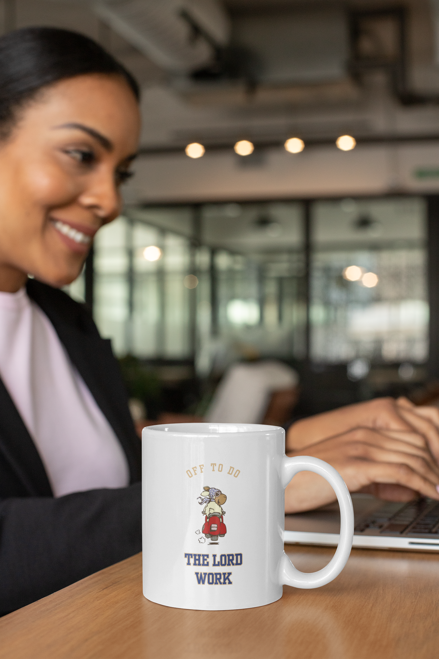 Ceramic Mug - "Off to Do the Lord's Work" Cute Retro Character Faith Coffee Cup (11oz, 15oz)