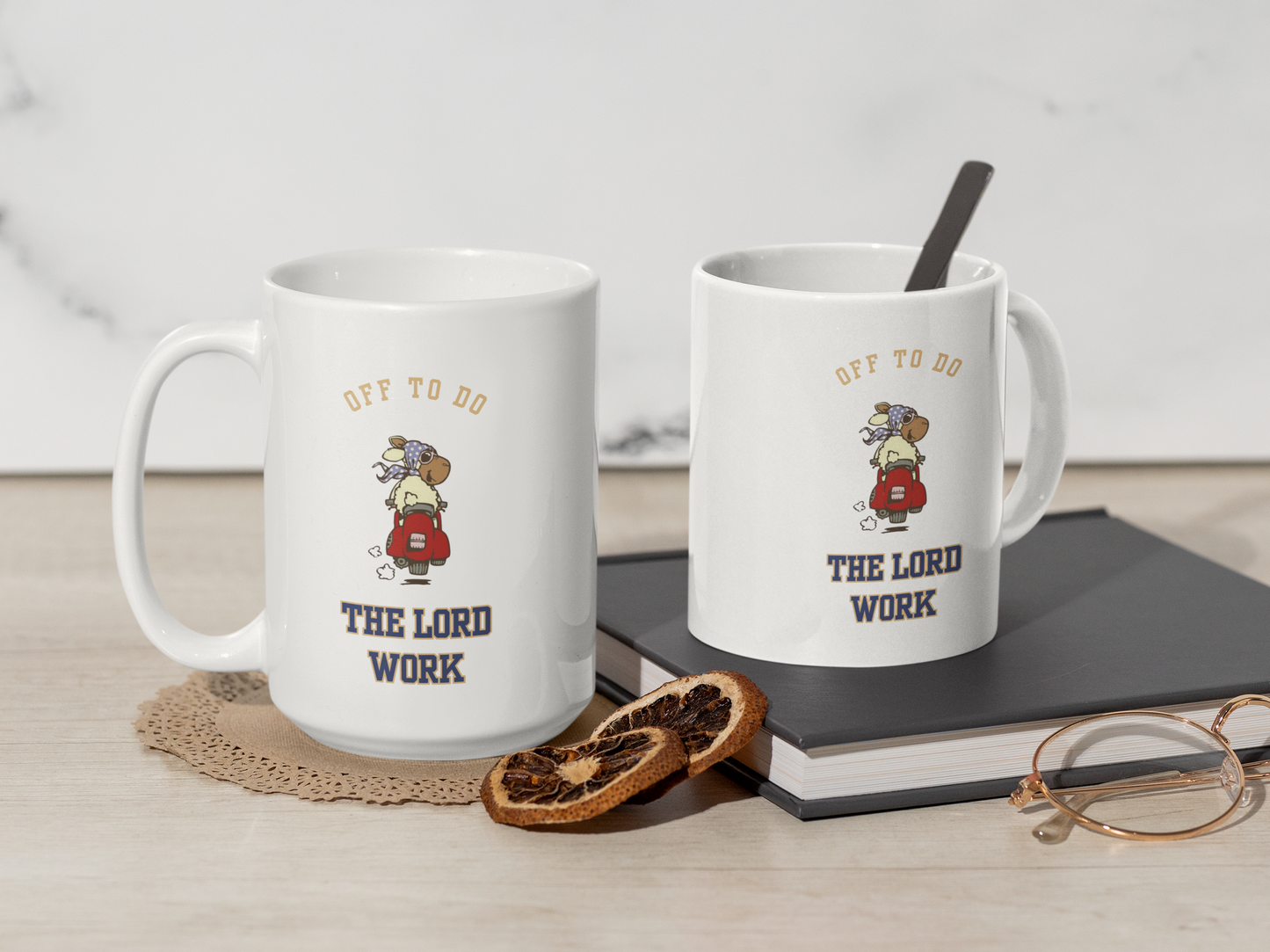 Ceramic Mug - "Off to Do the Lord's Work" Cute Retro Character Faith Coffee Cup (11oz, 15oz)
