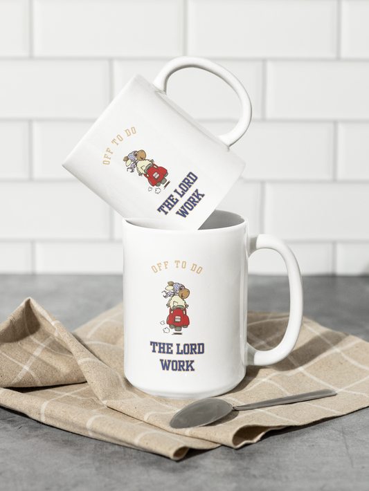 Ceramic Mug - "Off to Do the Lord's Work" Cute Retro Character Faith Coffee Cup (11oz, 15oz)