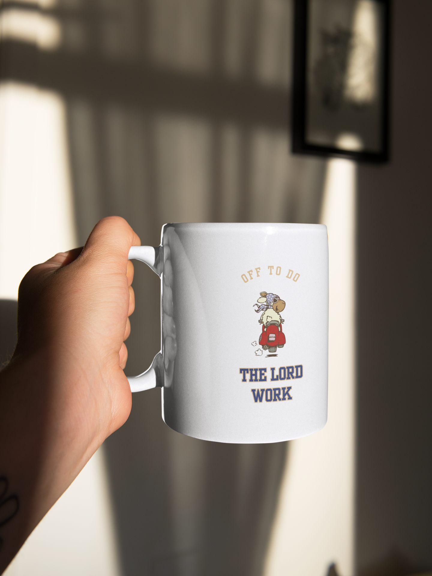Ceramic Mug - "Off to Do the Lord's Work" Cute Retro Character Faith Coffee Cup (11oz, 15oz)