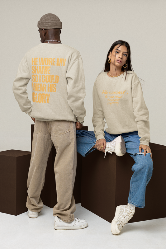Christian Sweatshirt — "He Wore My Shame So I Could Wear His Glory" | Faith Crewneck | Religious Gift