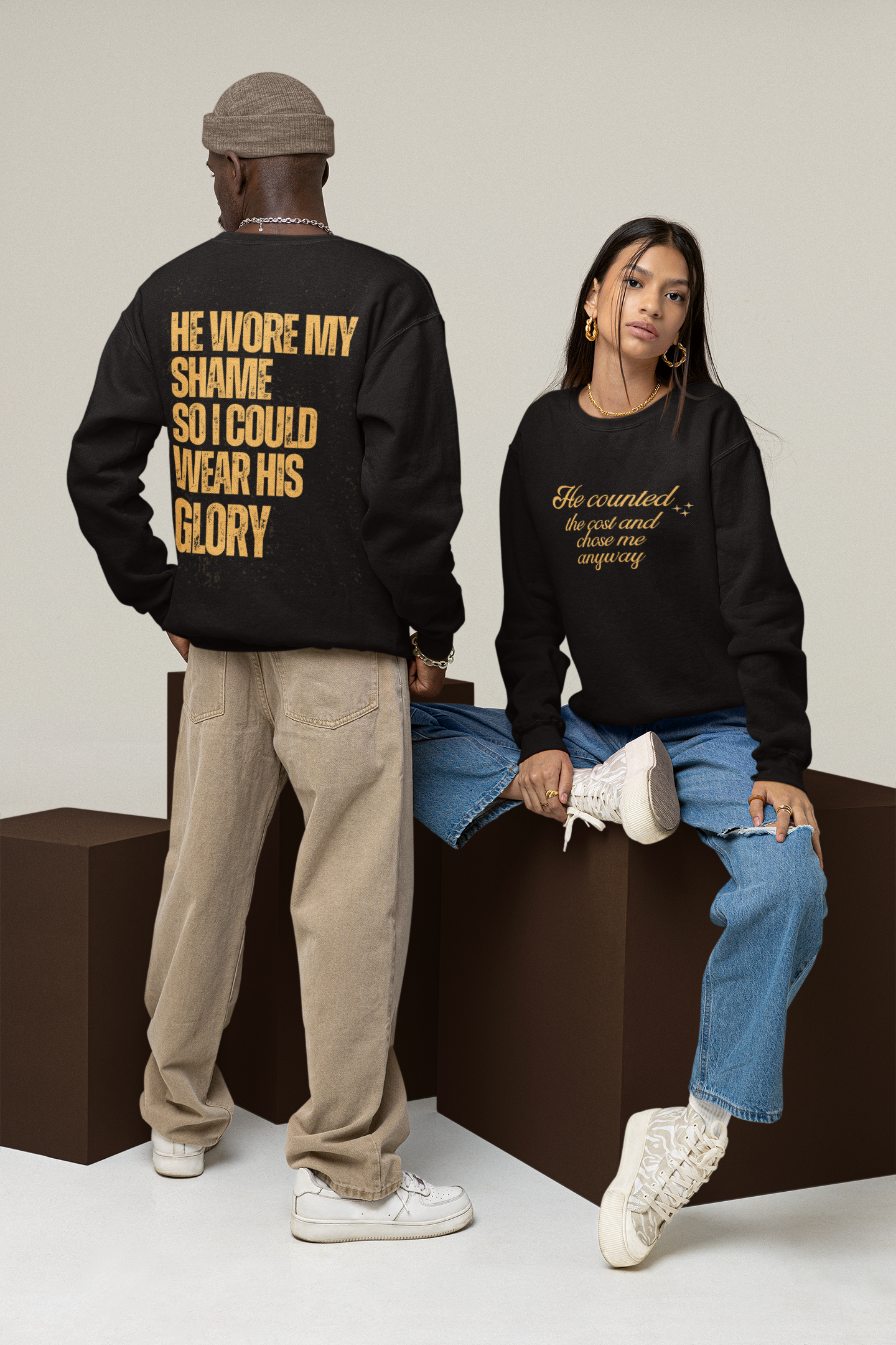 Christian Sweatshirt — "He Wore My Shame So I Could Wear His Glory" | Faith Crewneck | Religious Gift