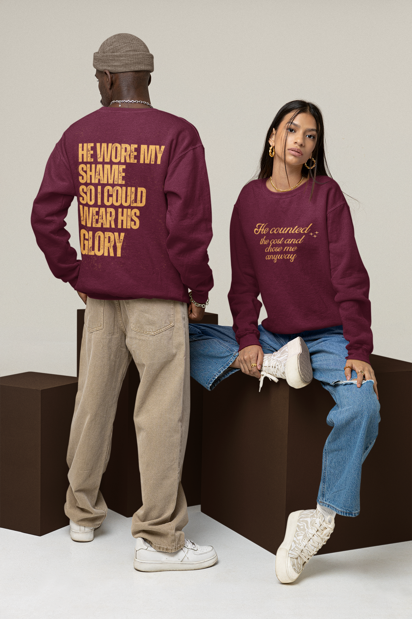 Christian Sweatshirt — "He Wore My Shame So I Could Wear His Glory" | Faith Crewneck | Religious Gift