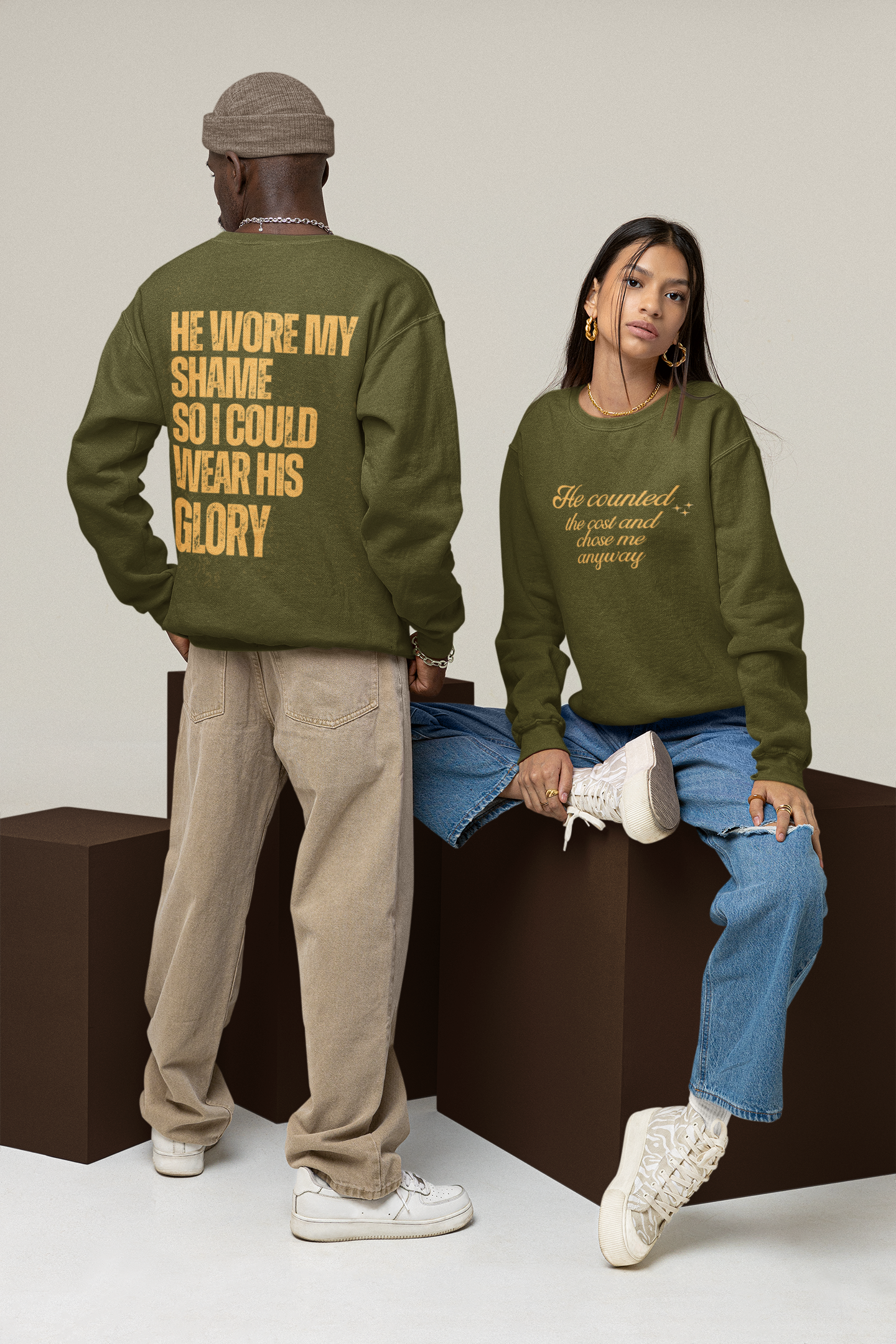Christian Sweatshirt — "He Wore My Shame So I Could Wear His Glory" | Faith Crewneck | Religious Gift