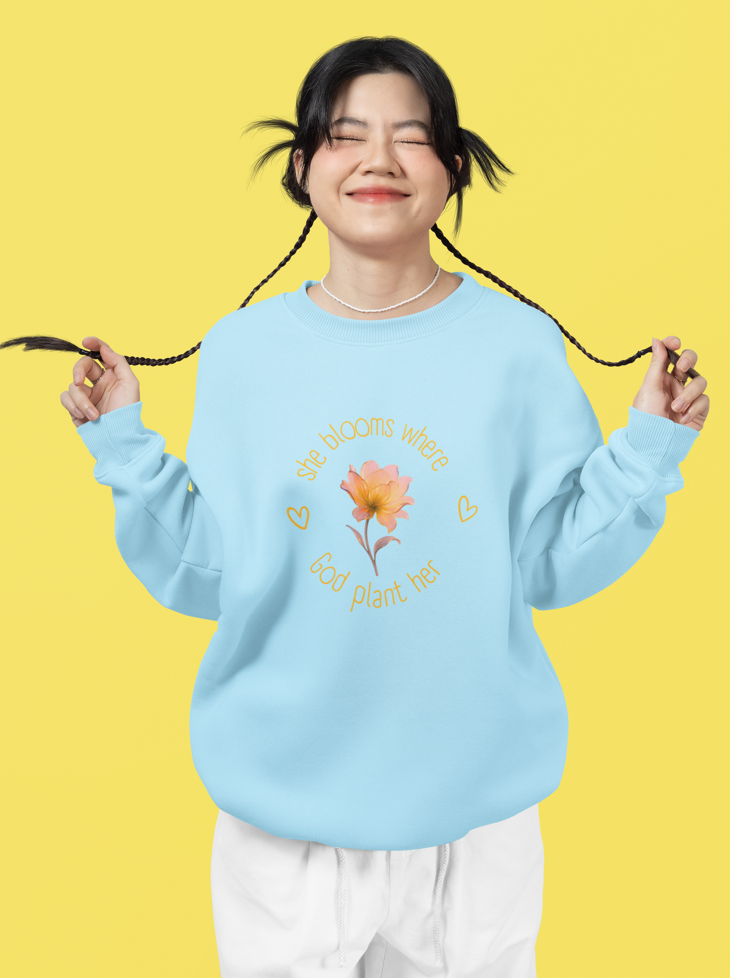 Christian Women's Sweatshirt — "She Blooms Where God Plants Her" | Floral Faith Crewneck | Religious Gift for Her