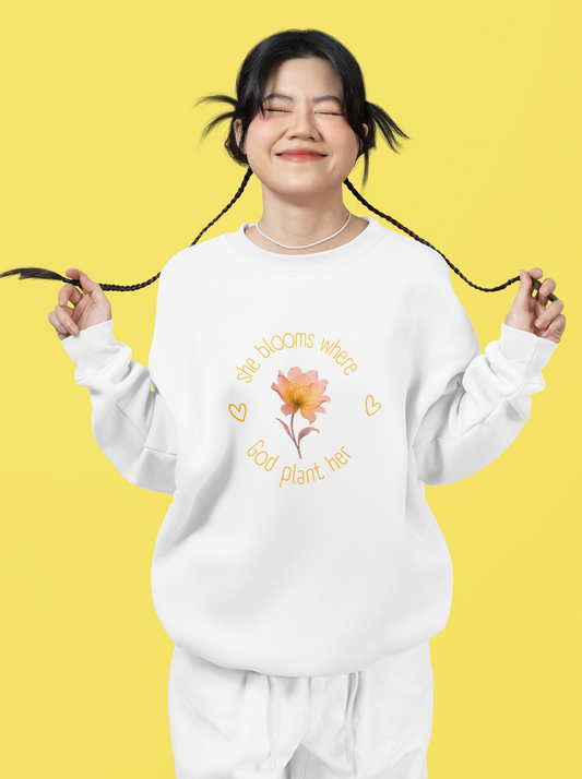 Christian Women's Sweatshirt — "She Blooms Where God Plants Her" | Floral Faith Crewneck | Religious Gift for Her