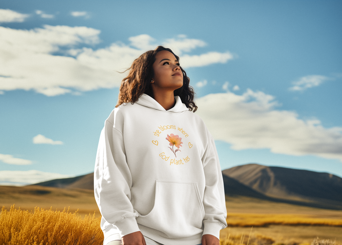 Christian Women's Hoodie — "She Blooms Where God Plants Her" | Floral Faith Hoodie