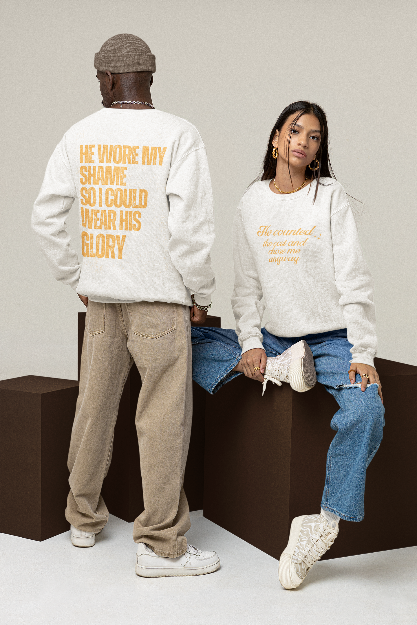 Christian Sweatshirt — "He Wore My Shame So I Could Wear His Glory" | Faith Crewneck | Religious Gift