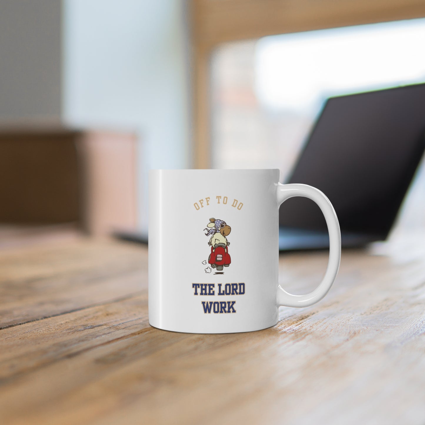 Ceramic Mug - "Off to Do the Lord's Work" Cute Retro Character Faith Coffee Cup (11oz, 15oz)
